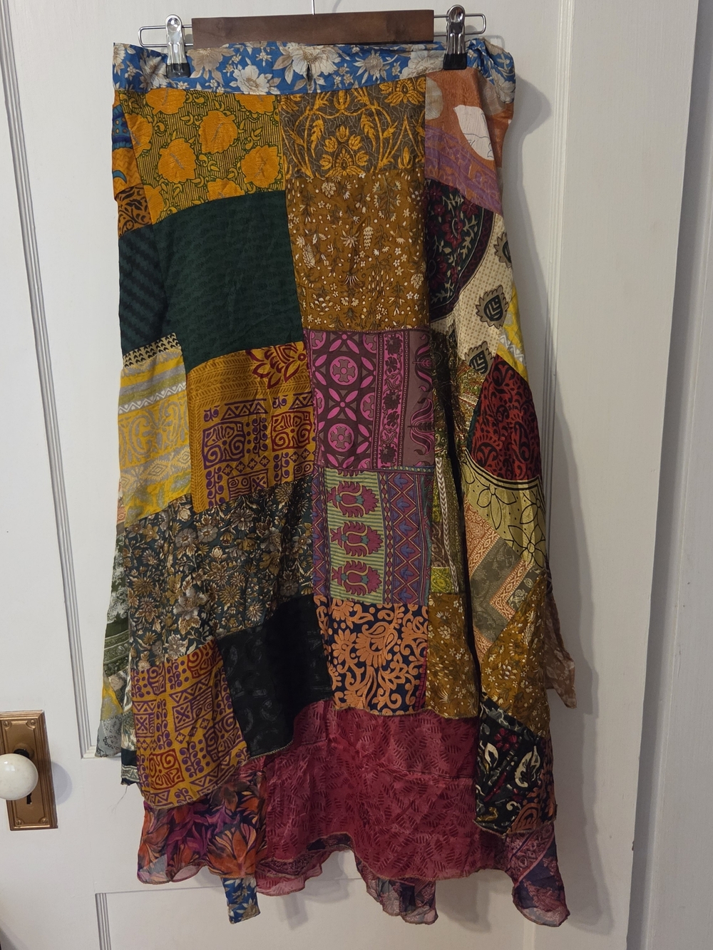 Multi-Color Patchwork Boho Maxi Wrap Skirt 100% Silk